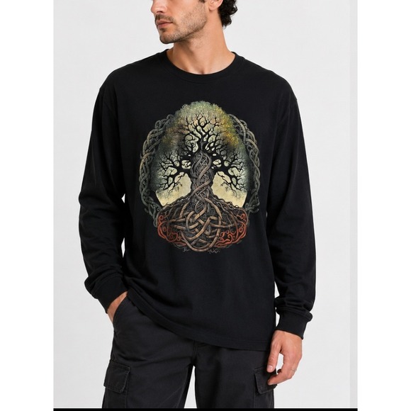 Bella + Canvas Other - Bella Canvas Mens 2XL Tree of Life Celtic Knot Long Sleeve Graphic T-Shirt Black